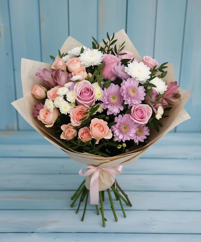 Букет цветов из: Хризантемы, Розы и Альстромерии в городе Бор