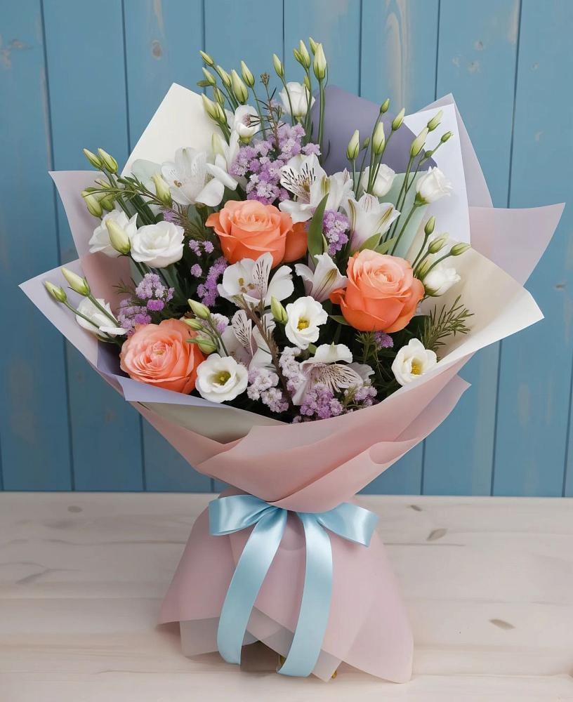 Букет цветов из: Лизиантусы, Розы, Альстромерии и Гипсофила в городе Бор