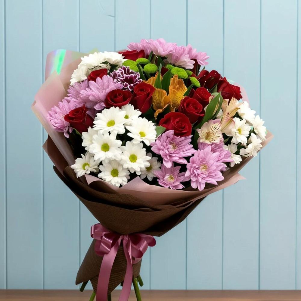 Букет цветов из: Розы, Хризантемы и Альстромерии в городе Бор